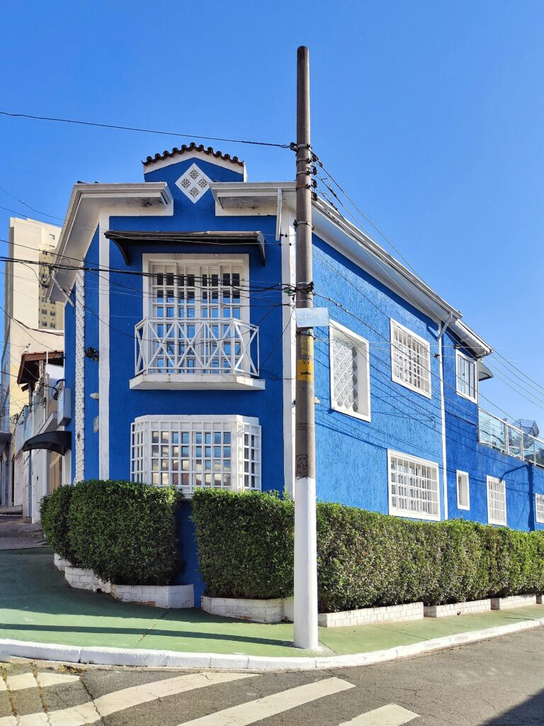 Vibrant blue house with lush greenery under a clear sky, capturing architectural elegance.